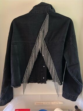 Black Denim Jacket with Rhinestone Fringe Accent